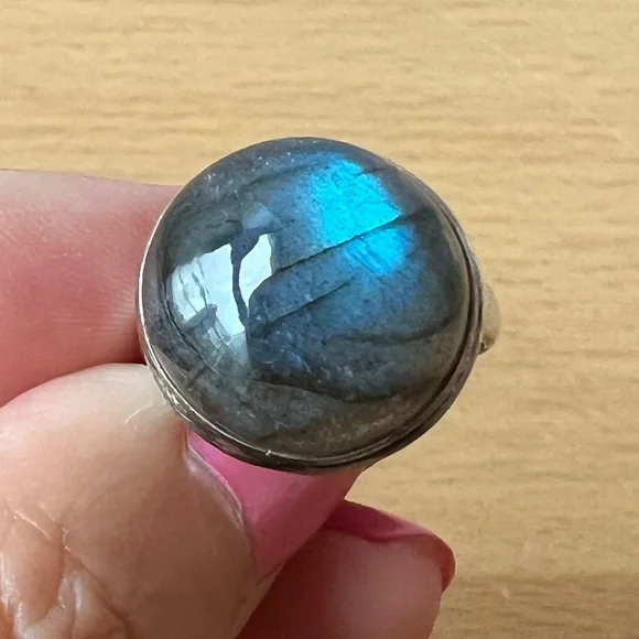 VINTAGE LARGE LABRADORITE CABOCHON RING 925 STERLING SILVER BLUE ETHEREAL GLOW